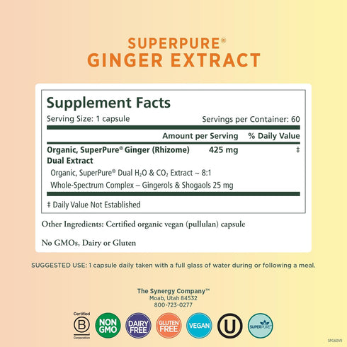 PURE SYNERGY SuperPure Ginger Extract, Organic Ginger Root Capsules for Digestion and Joint Support (60 Capsules)