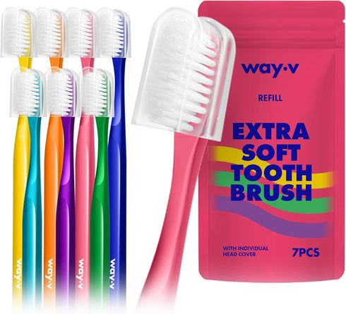 Extra Soft Toothbrush Refill for Adults - 7 Pcs Manual Toothbrushes with Individual Head Covers, Pink