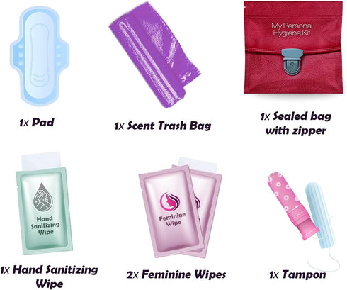 3 Menstrual All-in-One Kits - Assorted Colors, Convenience on The Go, Individually Wrapped Feminine Hygiene