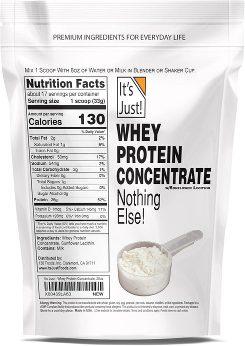 It's Just! - 100% Whey Protein Concentrate, Made in USA, Premium WPC-80, No Added Flavors or Artificial Sweeteners (Original/Unflavored, 20oz)