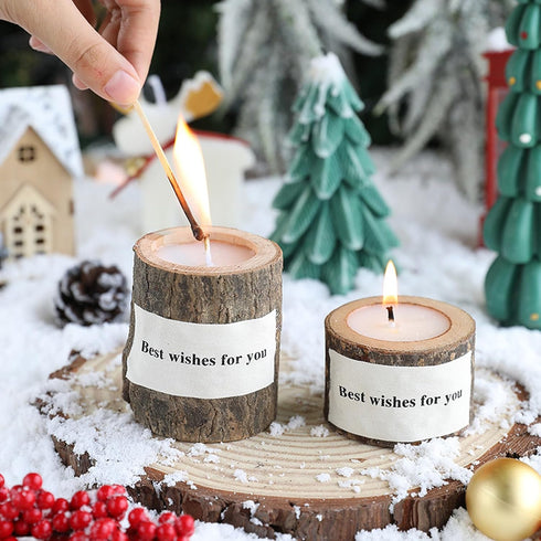T-shin Country Log Aroma Candle with Holder,Wooden Rustic Style Natural Hand-Carved Soy Wax Decorative Candle for Table