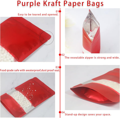 50 Pieces Smell Proof Red Resealable Matte Metallic Ziplock Bags, 6.3 * 9.4 In Stand Up Food Storage Bags with Window
