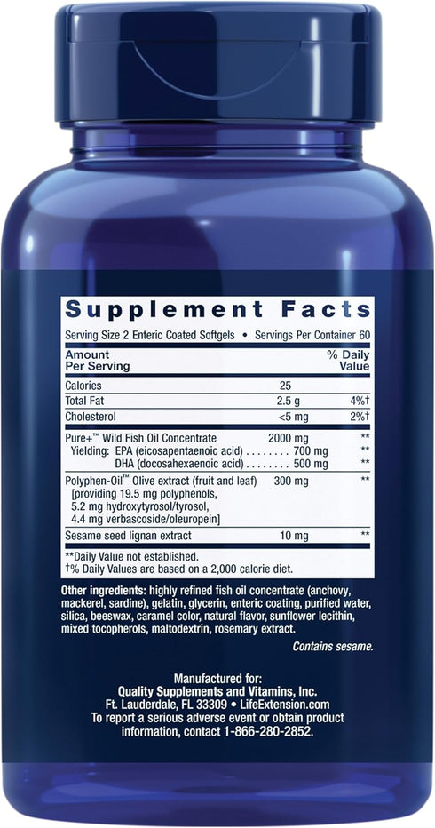 Life Extension Super Omega-3 EPA/DHA Fish Oil, Sesame Lignans & Olive Extract – Heart Health, Brain Health, Inflammation Health Support, Gluten-Free, Enteric-Coated, Non-GMO, 120 Softgels