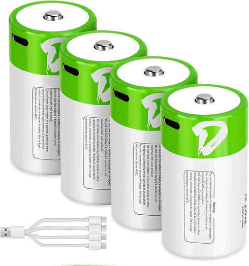 letoom D Batteries Rechargeable 4 Pack with4 in 1 USBC Charging Cable D