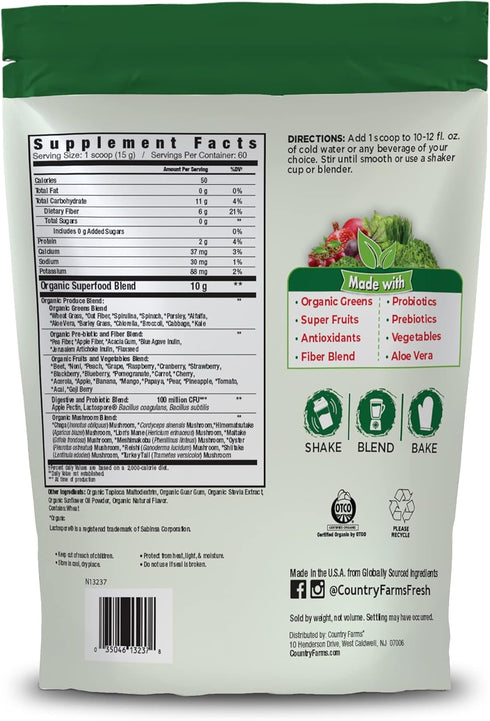 COUNTRY FARMS Super Greens Natural Flavor, 50 Organic Super Foods, 60 Servings Drink Mix with Fiber and Probiotics