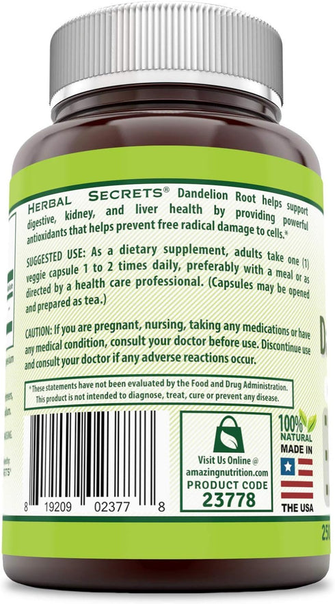 Herbal Secrets Dandelion Root 520 mg Veggie Capsules Supplement | Non-GMO | Gluten Free | Made in USA (250 Count)