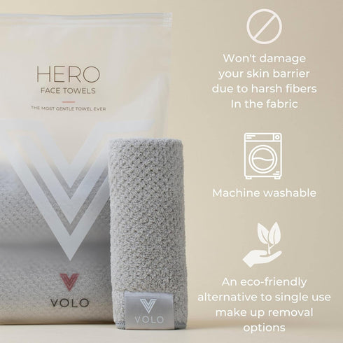 VOLO Hero Luna Gray Face Towel, Reusable Makeup Remover & Washcloths, Ultra Soft Microfiber 3PK