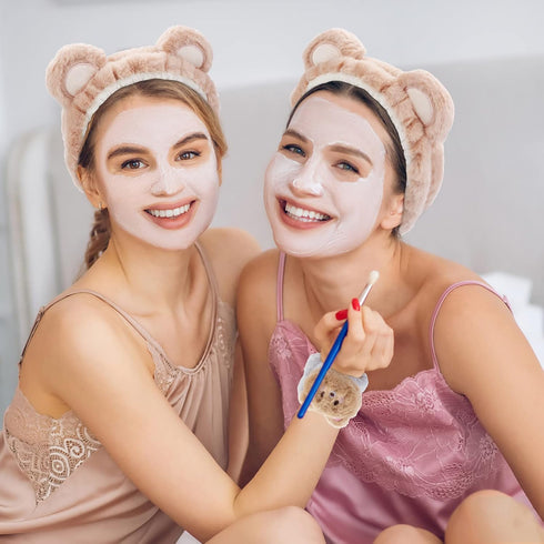 WHAVEL Hairband 3Pcs, Spa Headband and Wristband Set with Cute Bear Ears for Women and Girls (Coffee 01)