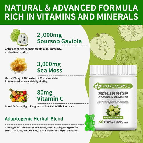 Pureverve Gummies, Immunity, 60 Soursop Graviola Max Strength Soursop Leaves Extract with Sea Moss & Zinc for Cell