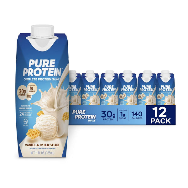 Pure Protein Vanilla Protein Shake, 30g Complete Protein, Vitamins A, C, D, E, and Zinc, 11oz Bottles, 12 Pack