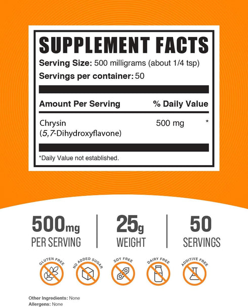 BulkSupplements.com Chrysin Powder - 5,7-Dihydroxyflavone, Chrysin Supplement, Chrysin 500mg - Antioxidants Supplement, Gluten Free, 500mg per Serving, 50 Servings, 25g (0.88 oz)
