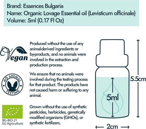 Essences Bulgaria Organic Lovage Essential Oil - 1/6 Fl Oz, 100% Pure and Natural, Therapeutic Grade