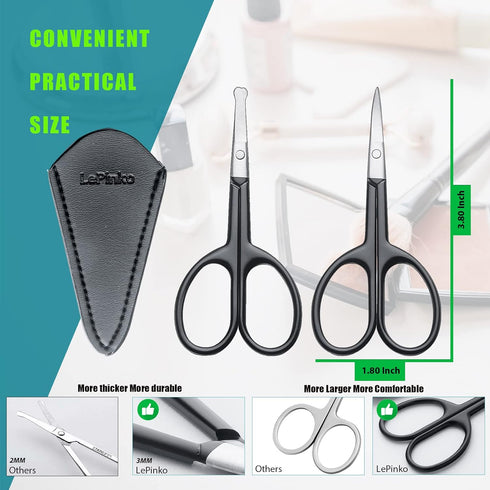 Small Grooming Scissors for Facial Hair - Eyebrow, Nose Hair, Mustache, Beard Trimming Kit - 2PCS Black with Cover
