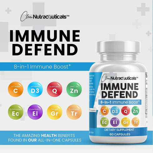 Clean Nutraceuticals Immune Defense Support Supplement 8 in 1 with Zinc, Quercetin, VIT C, Vitamin D3, Elderberry - 60