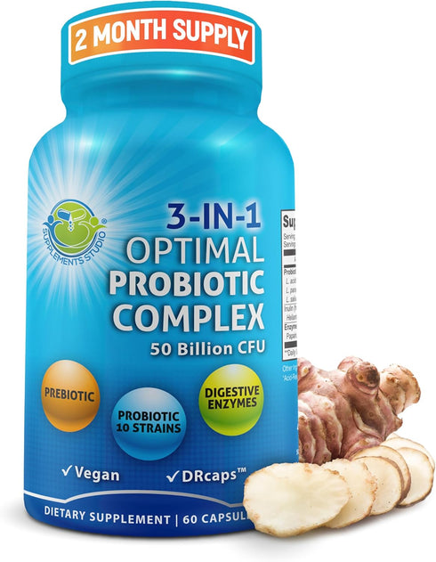 Probiotics with Digestive Enzymes and Prebiotic for Gut Health - 3-in-1 Vegan Multi Enzyme Complex for Women and Men