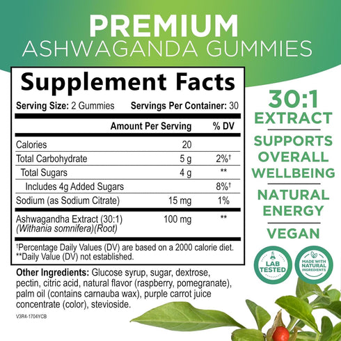 Ashwagandha Gummies for Women & Men, 3000mg Equivalent, Vegan, Non-GMO, Gluten-Free, 60 Gummies for Antioxidant Support