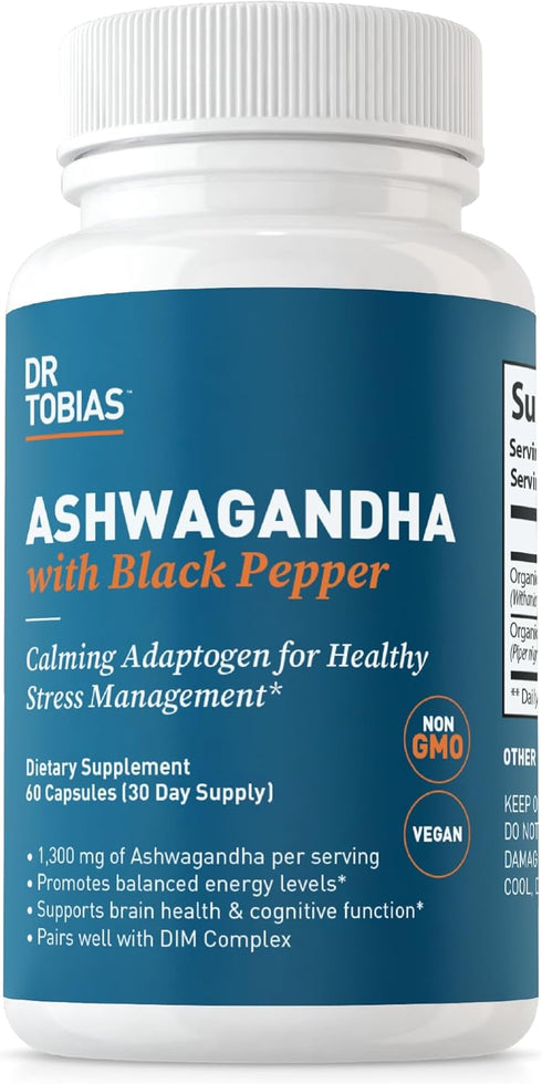 Dr. Tobias Ashwagandha Capsules, 1300mg Organic Root Extract with Black Pepper, 60 Vegetarian Capsules