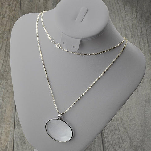 5X Magnifying Glass Pendant, 1.6" Glass Lens Dia. with 35" Alloy Necklace, Silver