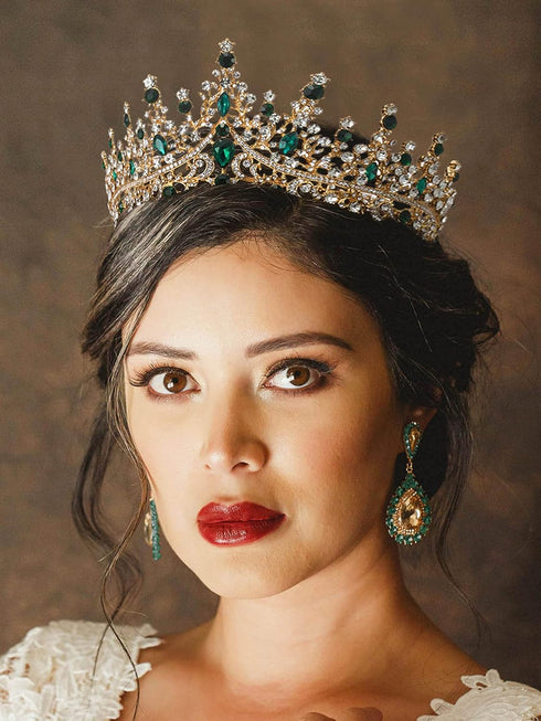 SWEETV Green Gold Tiara Crown - Crystal Hair Accessories for Women & Girls, Queen Crown for Quinceanera, Prom