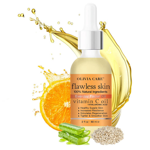 Olivia Care Vitamin C + Hyaluronic Acid Facial Oil, 100% Natural, Reviving, Hydrating, Calming & Soothing, 2 fl oz