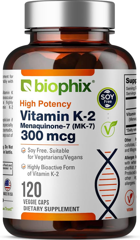 biophix Vitamin K2 MK-7 - 300 mcg, 120 Vcaps - High-Potency for Strong Bones & Immune Health