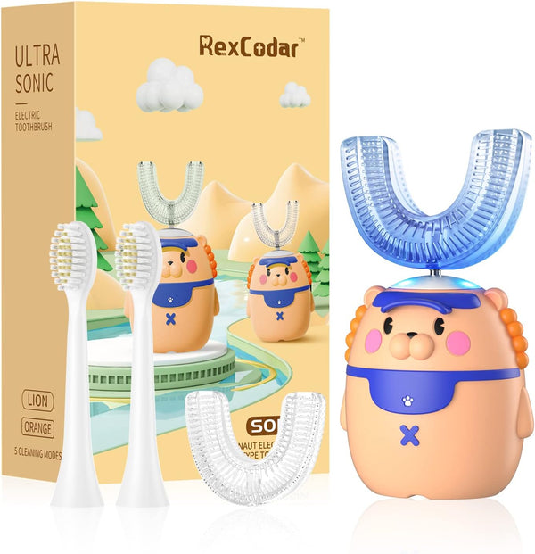 RexCodar Kids Electric Toothbrushes, U Shaped Ultrasonic Rechargeable Toothbrush with 4 Brush Heads, IPX7