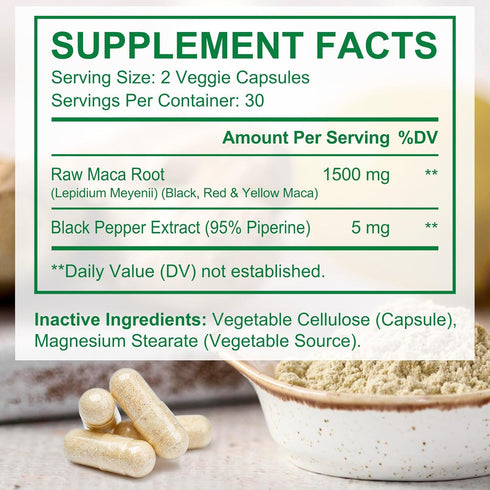 Vceeoy 1500 -60 Maca Root, Black Pepper Extract Capsules for Women & Men with mg Black, Red & Yellow Maca,Gives Energy