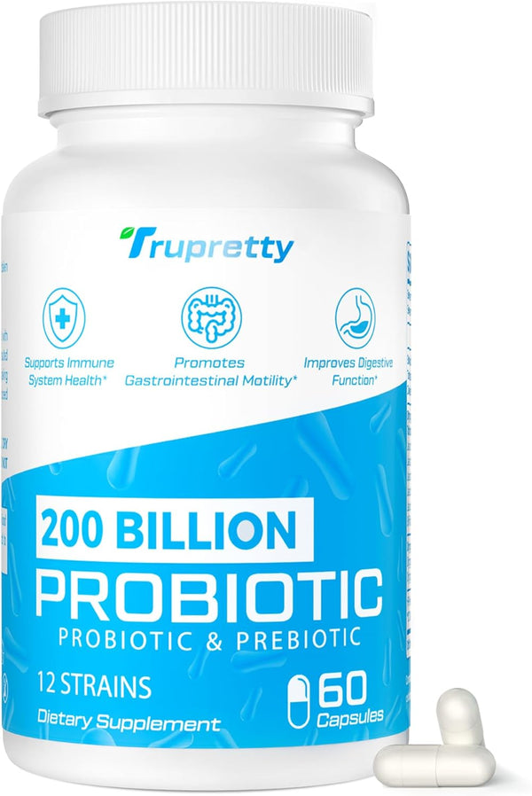 200 Billion CFUs Probiotics, 12 Strains, Daily Supplement with 3 Prebiotics, 60 Capsules