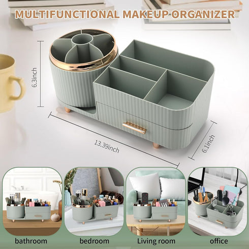 Makeup Organizer for Vanity, Cosmetic Display Case with Drawers for Makeup, Skincare, Brushes, and Accessories (Green)
