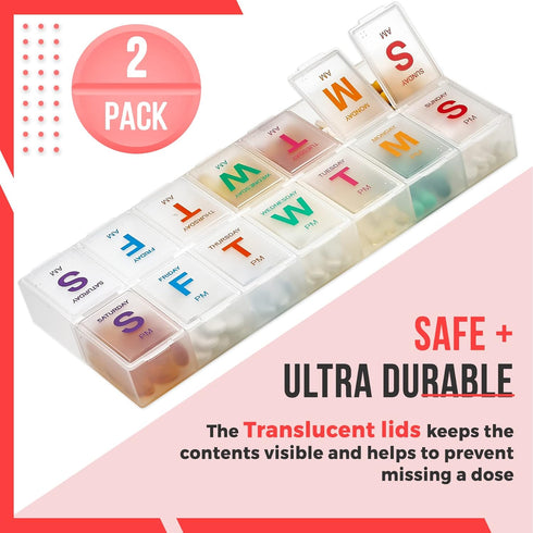 Large Weekly Pill Organizer, 2 Pack AM PM Pill Box for Medication, XL 7 Day Organizer with Braille