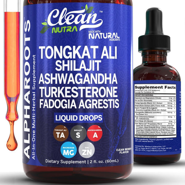 Tongkat Ali Liquid Drops Shilajit, Ashwagandha, Turkesterone, Fadogia Agrestis, Magnesium, Irish Sea