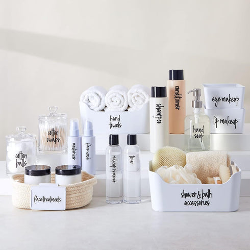 Talented Kitchen Bathroom Labels - Transparent Vinyl & Black Script Stickers for Containers, Bins, Bath, Beauty, Makeup