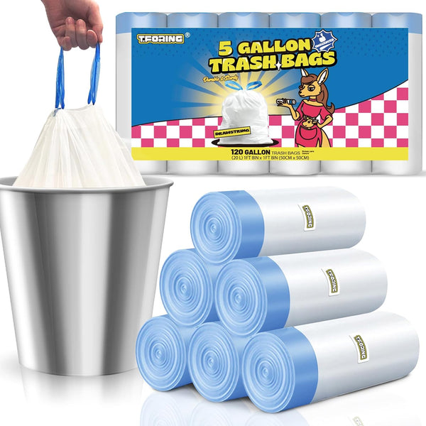 5 Gallon Drawstring Trash Bags, 120 Count, 1.1 Mil Thick, Unscented White Plastic Wastebasket Liners