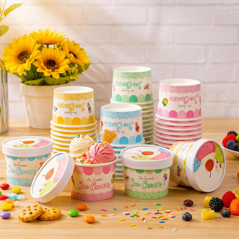 Jingmore 100 12oz Frozen Frozen Pcs Paper Ice Cream Cups with Lids, Disposable Sundae Dessert Bowls, Yogurt Containers