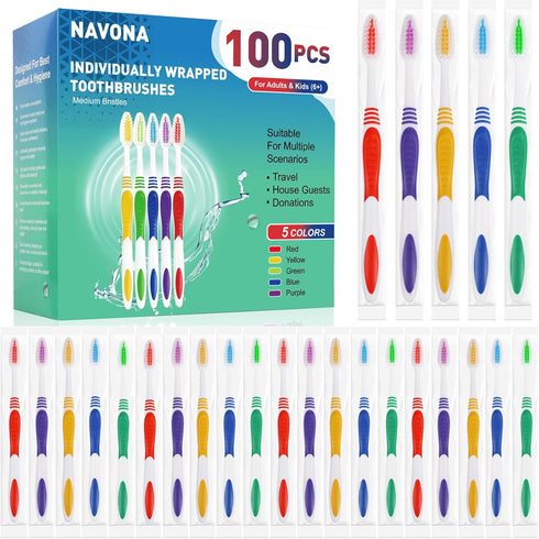 Navona 100 PCS Individually Wrapped Toothbrush Pack, Colorful Manual Disposable Set for Travel