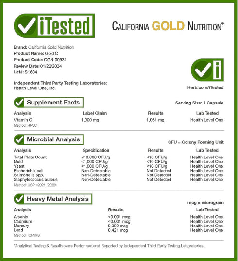 California Gold Nutrition Gold C, USP Grade Vitamin C - 1,000 mg - 60 Veggie Capsules
