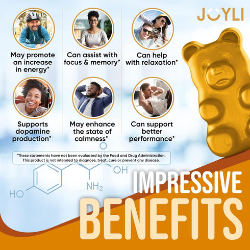 Joyli L Tyrosine Gummies 1000MG - L-Tyrosine Supplement for Kids & Adults - Calm & Focus Gummies for Brain, Memory, Mood, and Energy - 500mg L- Tyrosine Powder per Gummy - Vegan, Gluten-Free