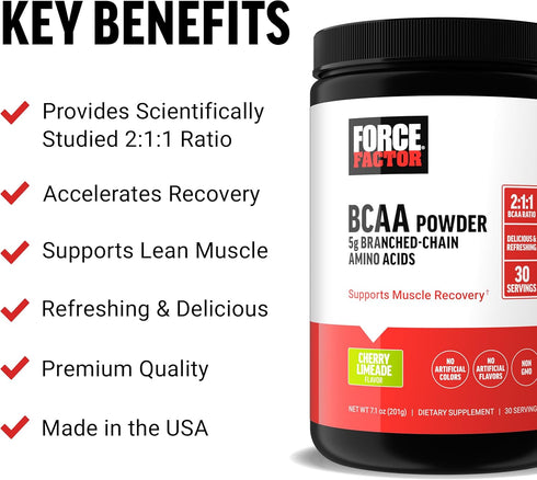 Force Factor BCAA Amino Acids Supplement 2:1:1, Cherry Limeade, 30 Servings, No Artificial Colors