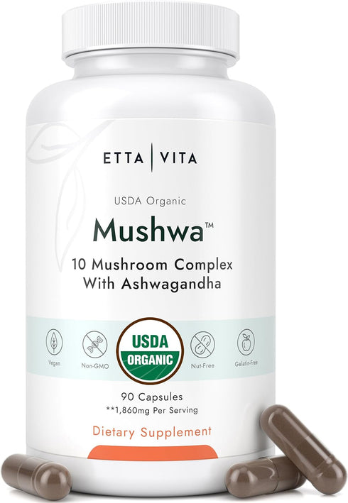 USDA Organic Lions Mane Supplement Capsules - 10x Adaptogenic Mushroom Complex - 18,600mg/serv with Ashwagandha, Chaga,