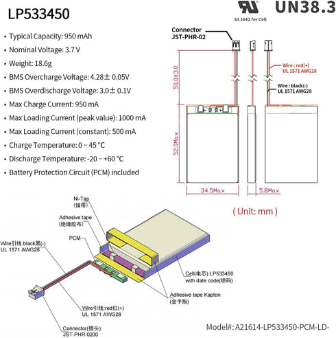 EEMB 3.7V 950mAh Lithium Polymer Battery, Rechargeable with JST 2.0mm Connector for Speaker, Wireless Device