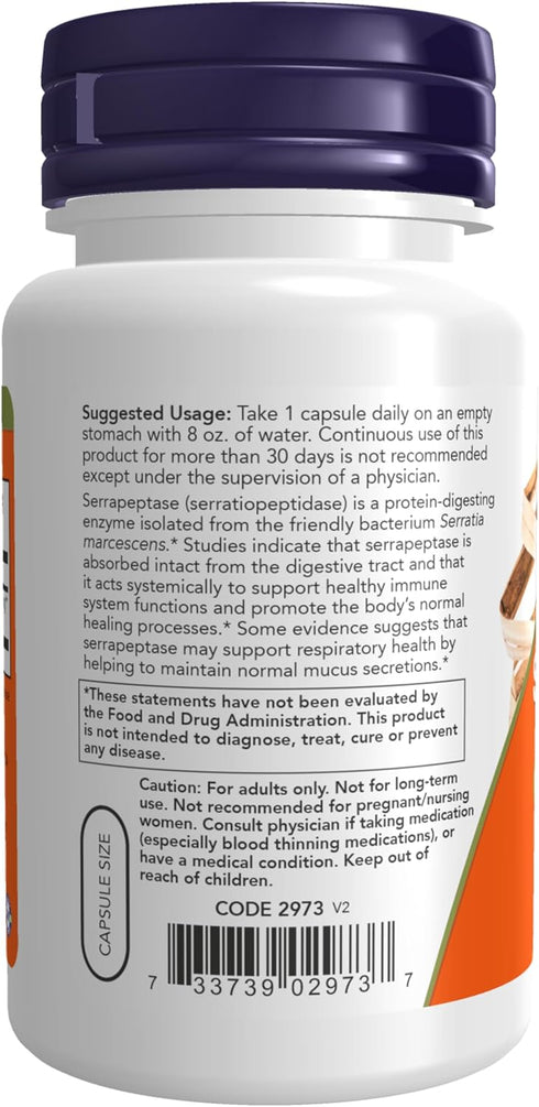 NOW Supplements Serrapeptase 60,000 Units, 60 Veg Capsules, Promotes Respiratory Health and Immune Function*