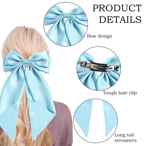 MHDGG 5Pcs Silky Satin Hair Bows - Oversized Long Tail Clips for Women in 5 Colors