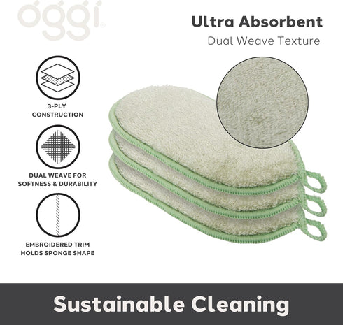 OGGI Bambou Odor-Free Kitchen Sponges - 3 pcs Natural Sponges for Dishes, 91% Bamboo-Derived Rayon, Reusable, Absorbent