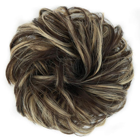 MORICA 1PCS Messy Hair Bun Extension, Curly Wavy Synthetic Chignon Hairpieces for Women (Dark Brown & Ash Blonde)