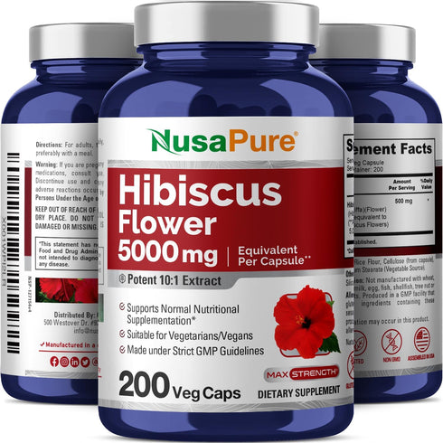 NusaPure Hibiscus Flower 10:1 Extract - 500 mg Equivalent to 5000mg, 200 Vegetarian Caps