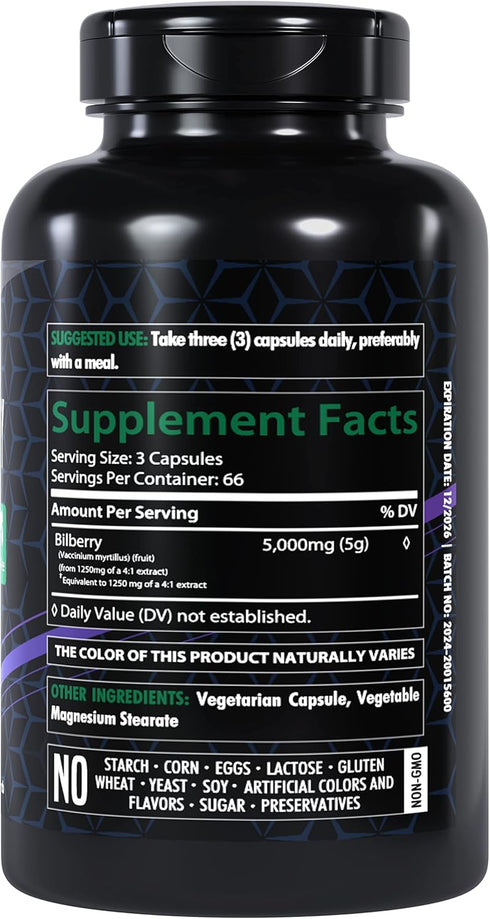 Bilberry Extract Capsules 5000mg | 200 Count | Supports Eye Health | Ultra Strength Supplement | Gluten-Free & Non-GMO