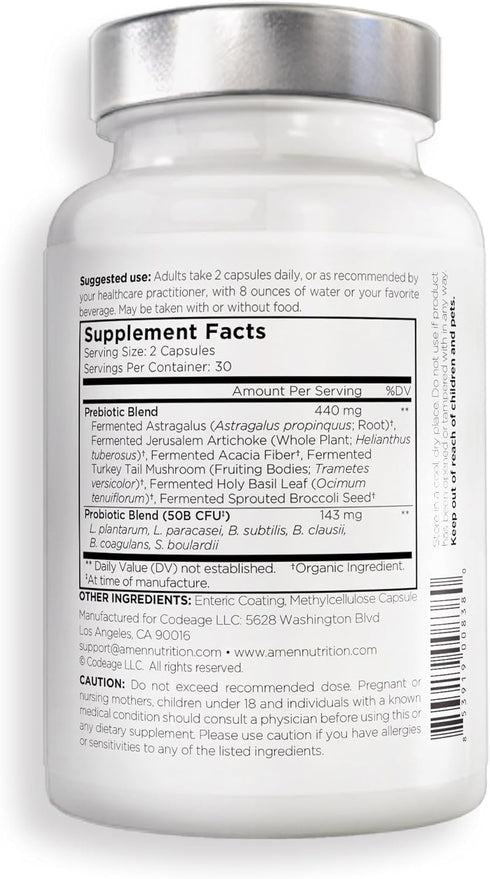 Amen Probiotics Supplement, SBO Probiotic and Organic Prebiotics, 50 Billion CFUs, 60 Capsules, Vegan & Non-GMO