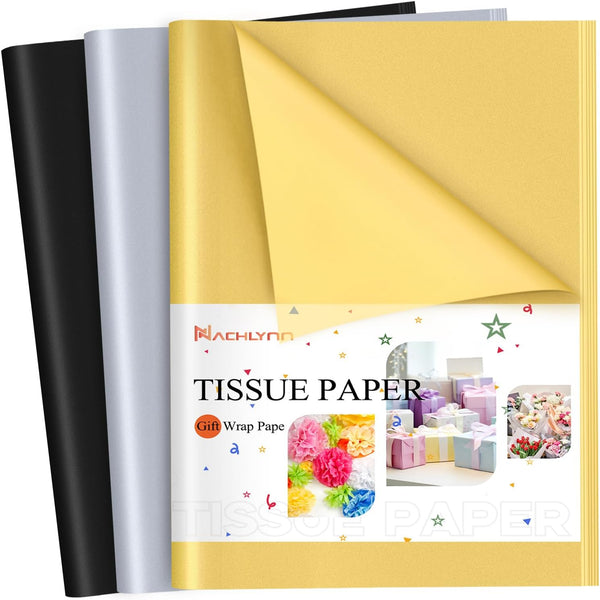 NACHLYNN 60 Sheets Metallic Tissue Paper Bulk Gold Silver Black Gift Wrapping Paper 14 x 20 inch for Crafts Decorations