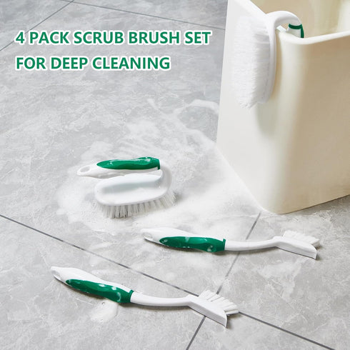 Scrub Brush Kit, 4 Pack Deep Cleaning Brush Set - 2 Scrub Brushes, 2 Tile and Grout Brushes with Scraper