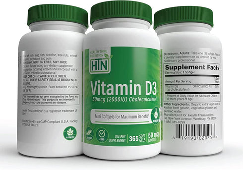 Health Thru Nutrition Vitamin D3 2000IU, 365 Mini Softgels, Non-GMO USP Grade in Organic EVOO